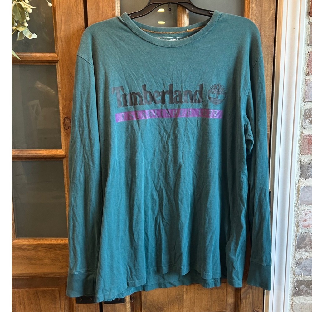 Timberland Long Sleeve T-Shirt Mens Large Teal Graphic Logo Organic Cotton